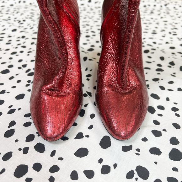 Saint Laurent | YSL Lou Crackled Metallic Red Leather Designer Heeled Boots 37 - Picture 3 of 10